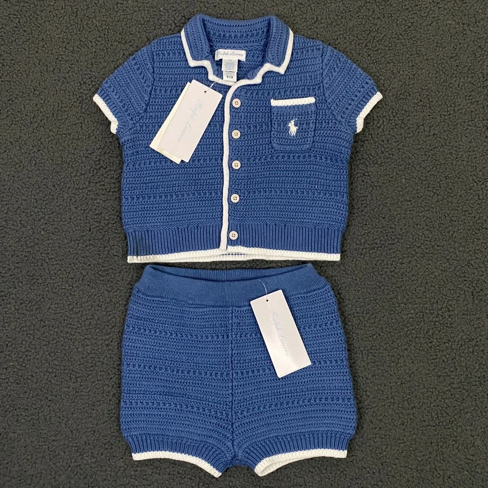 Ralph Lauren Crochet Camp Shirt Set Baby 9 Months Blue 2 Piece Knit Preppy